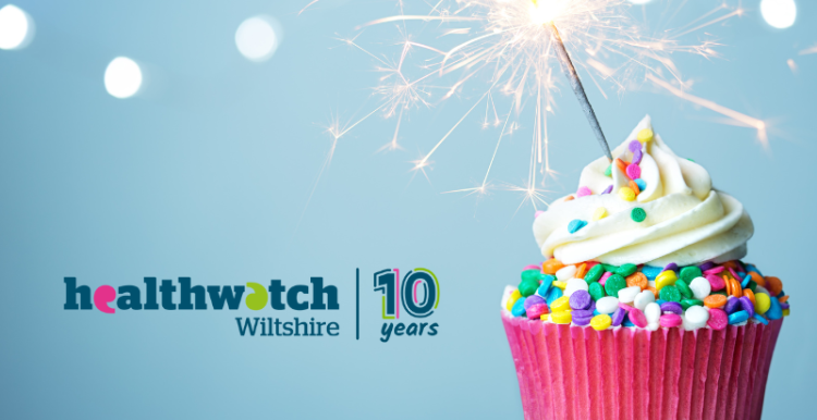 cupcake and sparkler with text saying Healthwatch Wiltshire 10 years