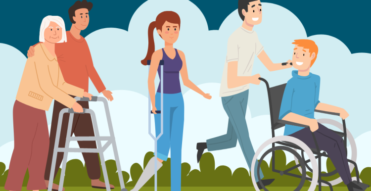 Graphics of people using a walking frame, wheelchair and crutches