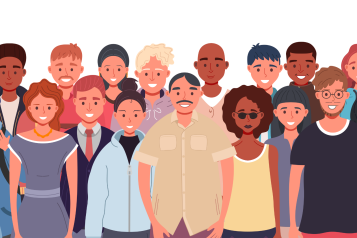 A graphic of a group of people, of different ages, genders and races.