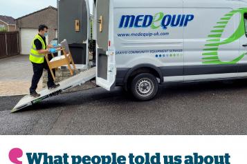 Medequip report front cover with photo of Medequip employee and van