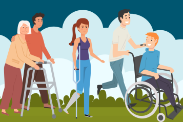 Graphics of people using a walking frame, wheelchair and crutches