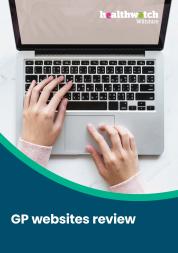 GP websites review front cover with person's hands on laptop keyboard